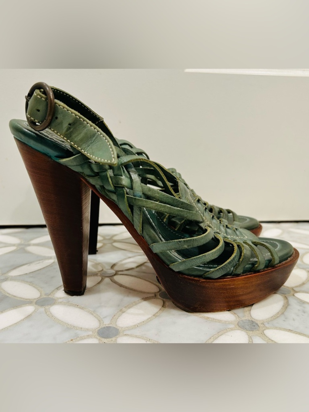 Frye Joy Huarache Platform Sandals Olive Green Leather Wood Heels Boho 9.5 - Picture 3 of 13